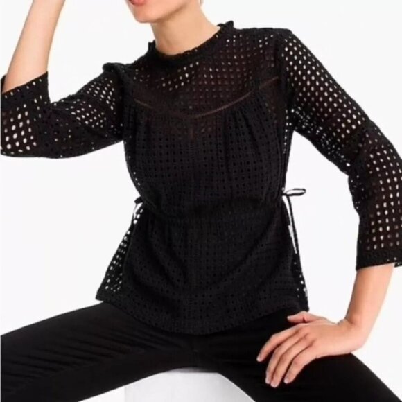J Crew Point Sur Black Eyelet 3/4 Sleeve Top size 4 - Picture 1 of 5